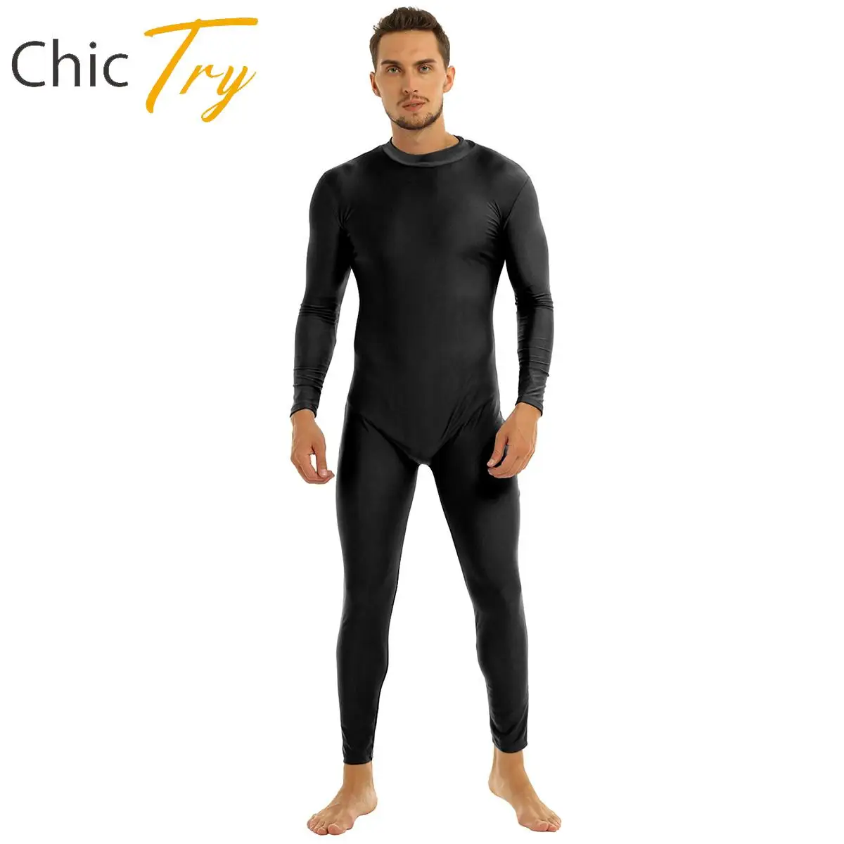 Men's One Piece Bodysuit Zipper Back Long Sleeve Unitard Zentai Mock Neck Full Body Jumpsuit Dancewear Adult Costume