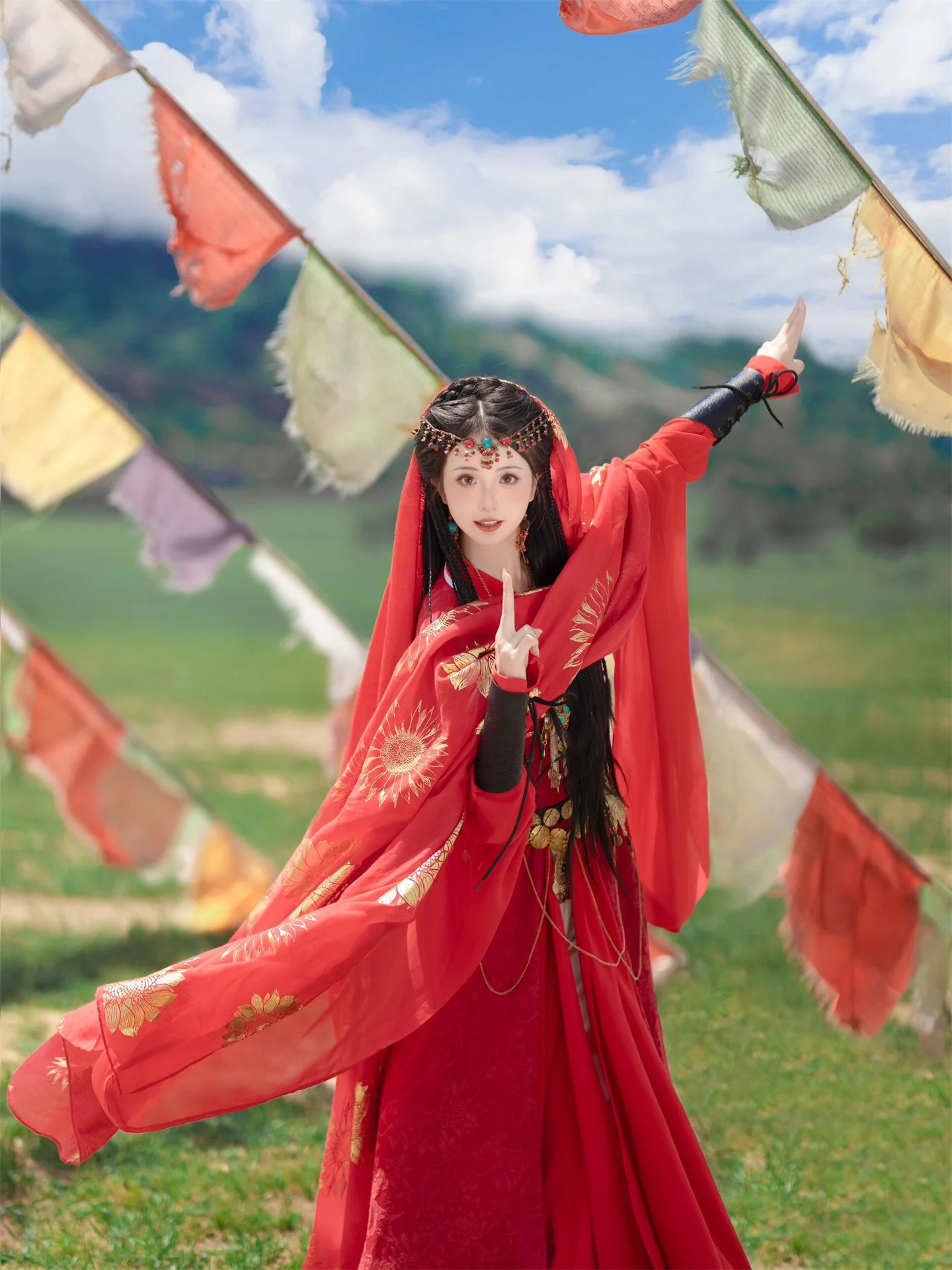 

Ethnic Sle Red Tibetan Costume Dong Little Maple Hanfu Traditional Chinese Clothing for Photo Studio Travel Photoaphy
