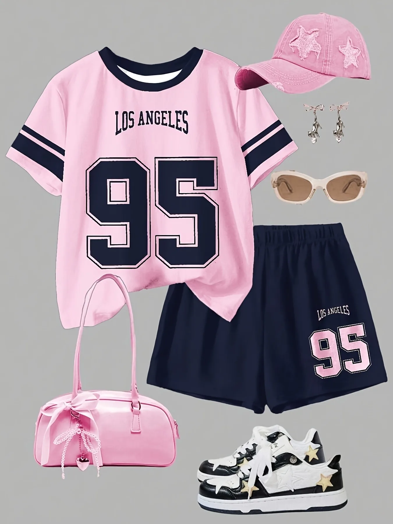 Trendy Girls 2-Piece Casual Outfit, Los Angeles 95 Print Short Sleeve T-Shirt + Elastic Waist Shorts Set