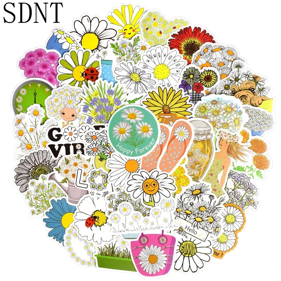 50 PCS Flowers Daisies Stickers for Kids Girls Vsco Fashion Element Daisy Kawaii Cartoon Stickers Set DIY Suitcase Bike Guitar