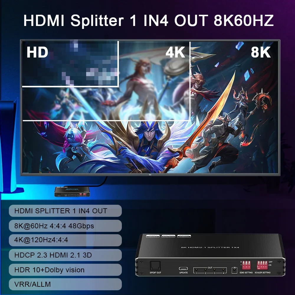 High Quality 2.0 hdmi Splitter 1 in 4 Out 4k@60hz Rj45 EDID Switch Dolb-y Atmo s 1x2 hdmi Splitter 1x4 for PC Monitors
