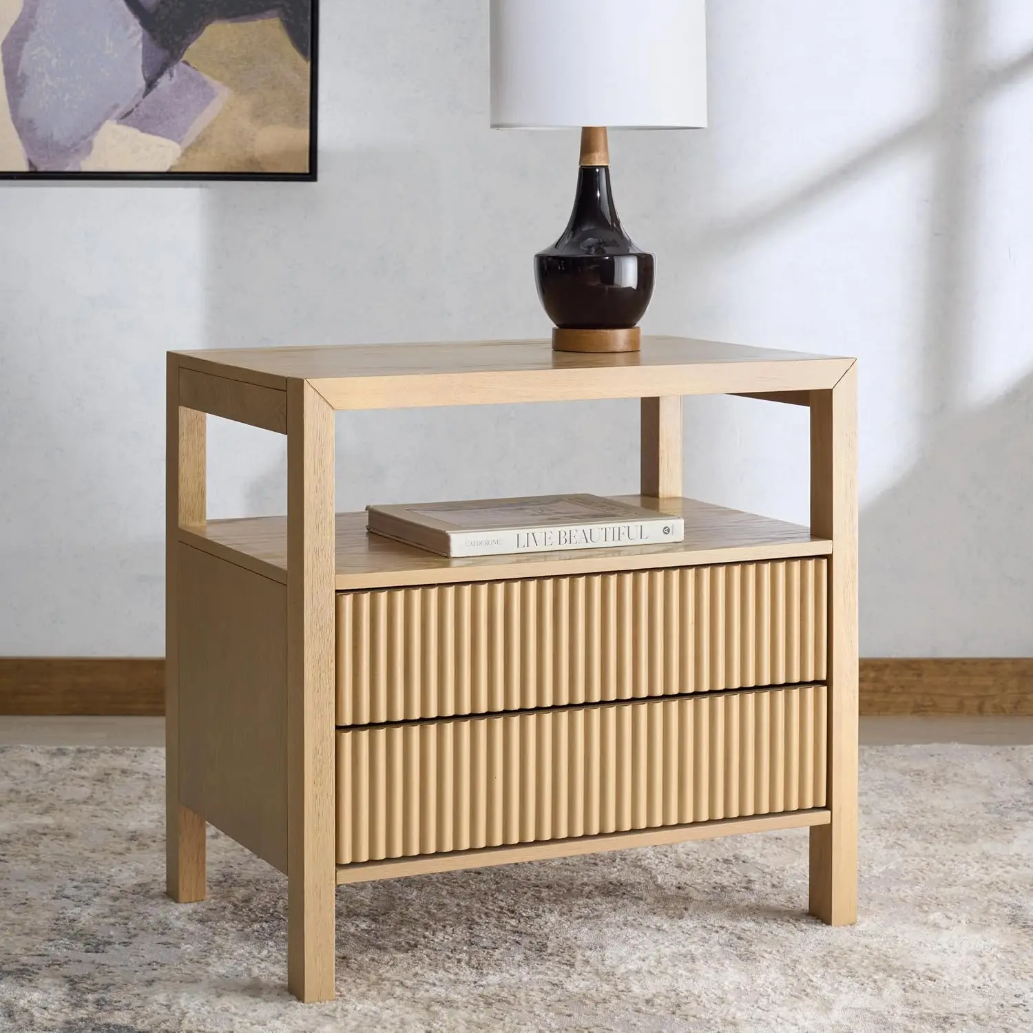Oak Brown 2-Drawer Reeded Nightstand Fully Assembled Bedside Accent Table, Customized
