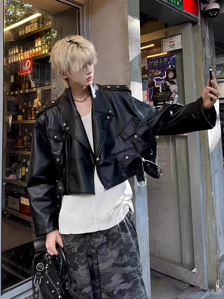 

American Sle ort PU Leather Jaet Men's Women's Motorcycle Rivet Workwear Jaet Trendy Spring Autumn New Model