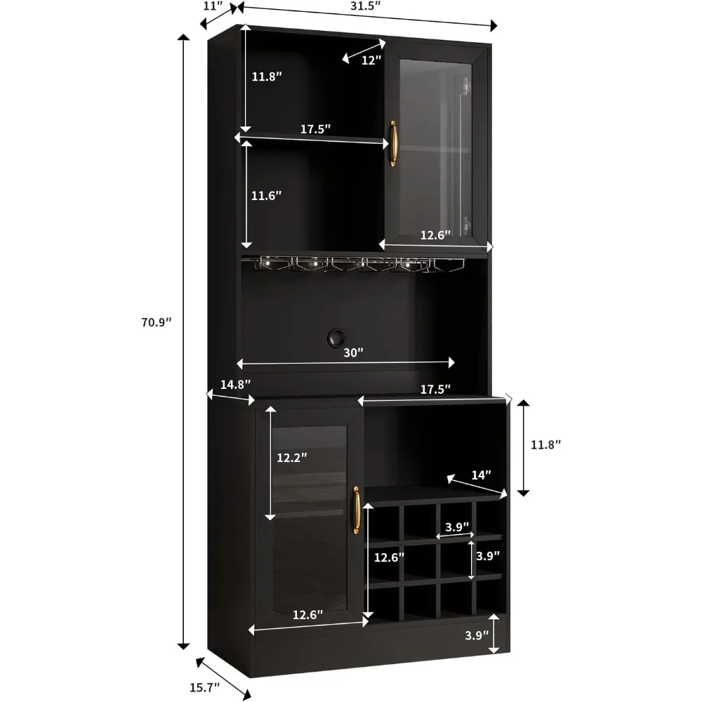 Bar cabinet with LED lights and glass holder, microwave stand, storage space in restaurant and living room (black), bar cabinet