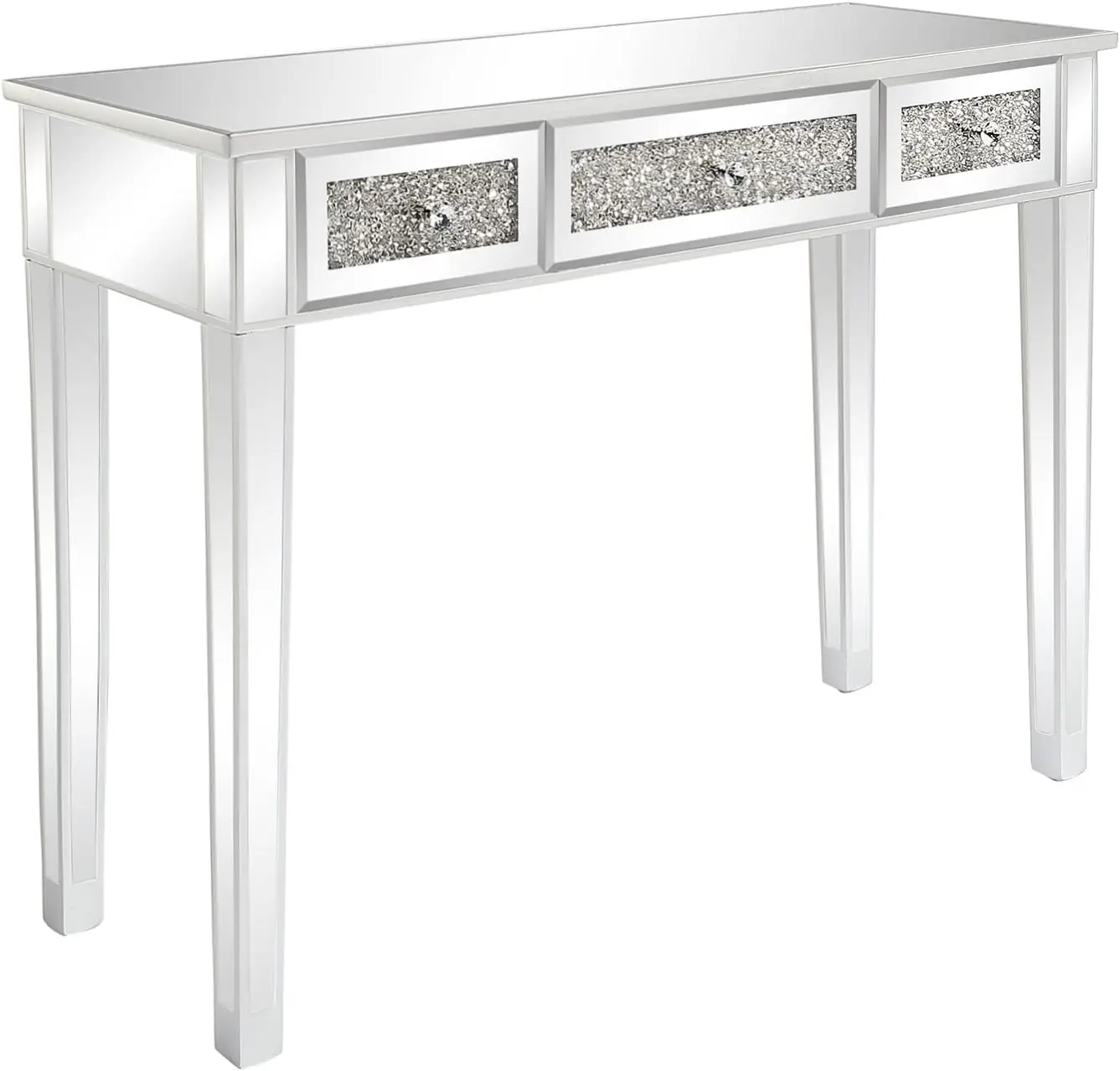 Table console miroir argentée avec incrustation de cristal, bureau avec 3 portes de proximité, table de canapé, salon, entrée, foyer