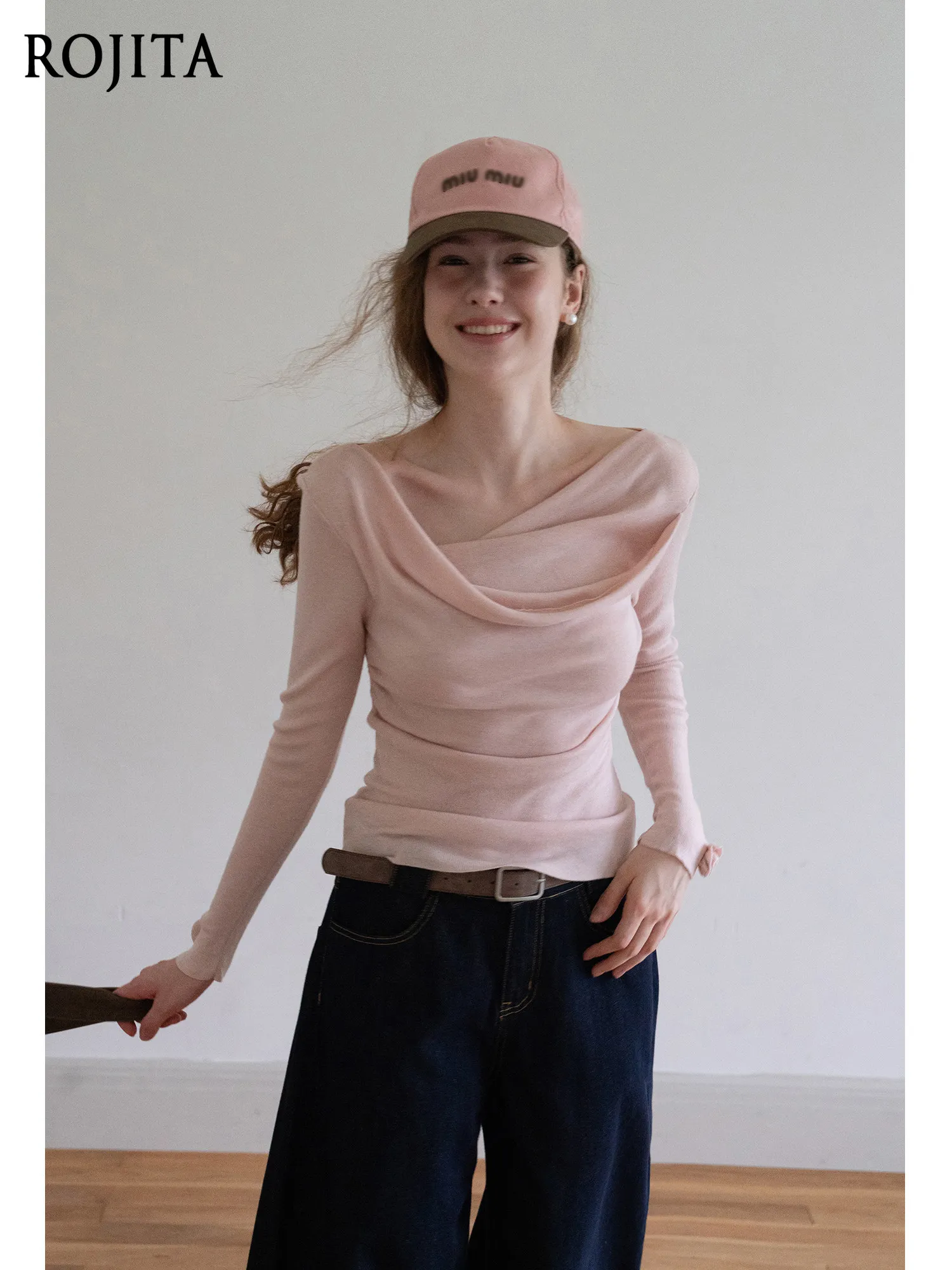 

French Swinging Neck Long-sleeved Shoulder Pink Knitted Sweater Women's Spring Waist Temperament Thin Gentle Top