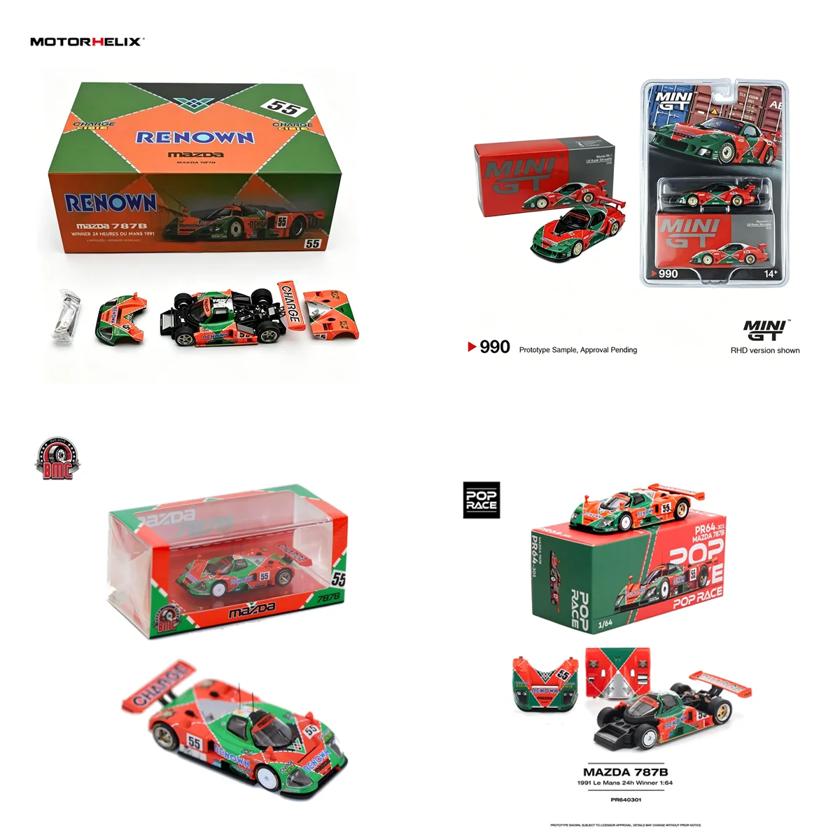 Auf Lager 1:64 MotorHelix/BMC/Pop Race/MiniGT Mazda 787B # 55 Renown 1991 Le Mans 24-Stunden-Gewinner Vollständige Sammlung Diecast-Modellauto – Detail 1
