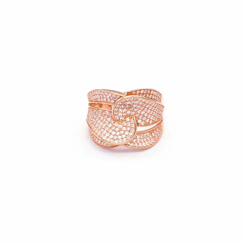 Full Diamonds Wrapped Flower Plated 14K Rose Gold Rings 585 Purple Gold Fashion Wide Ring Men's and Women's Wedding Jewelry Gift