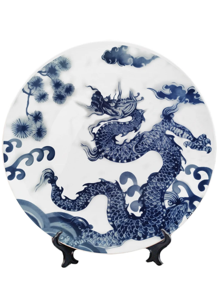 Chinoiserie Animal Vintage Blue and White Pottery Decorative Hanging Plate Ceramic Household Dragon Tiger Cabinet Doorway Plate