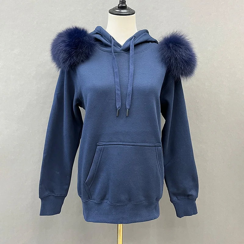 2024 New Arrival Autumn Winter Hoodie Women Fleece Pullover With Hood Real Fox Fur Lady Coat Jackets S5185