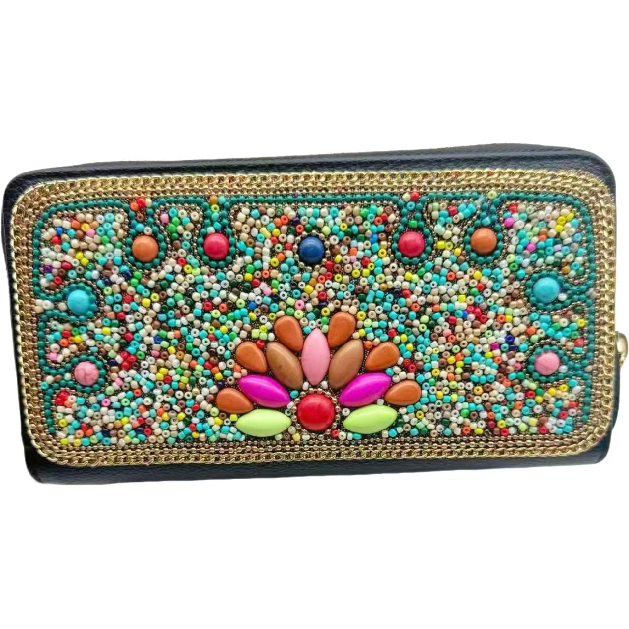 Colorful Three-Dimensional Flowers Golden Chain Edge Golden Chain Edge Handmade Bead Embroidery