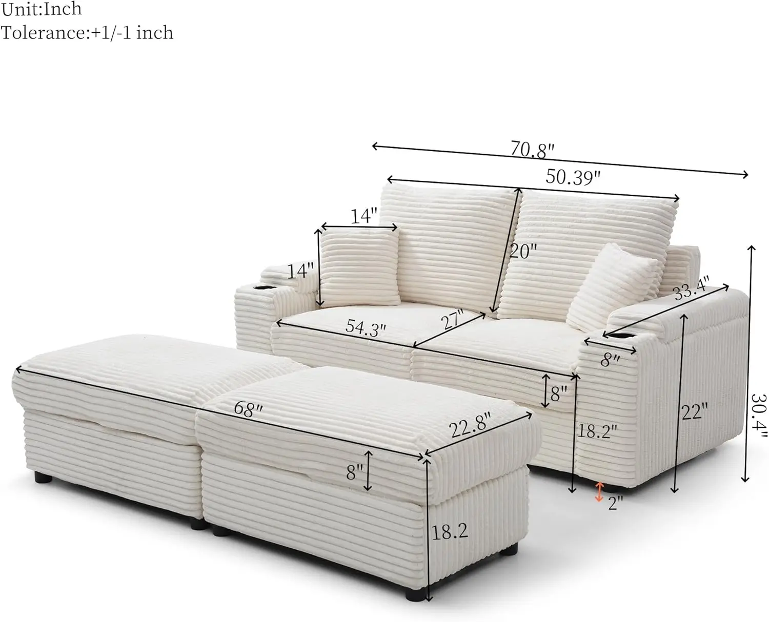 Chaise Longue da interno con portabicchieri e pouf portaoggetti, divano letto a due posti moderno imbottito in velluto a coste da 70 pollici