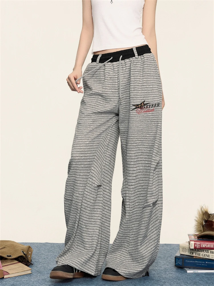 Women's Color-blocking Stripes Vintage Casual Pants Wide Leg Sweatpants Hip-hop 90s Women Bottoms Female High Waisted Trousers