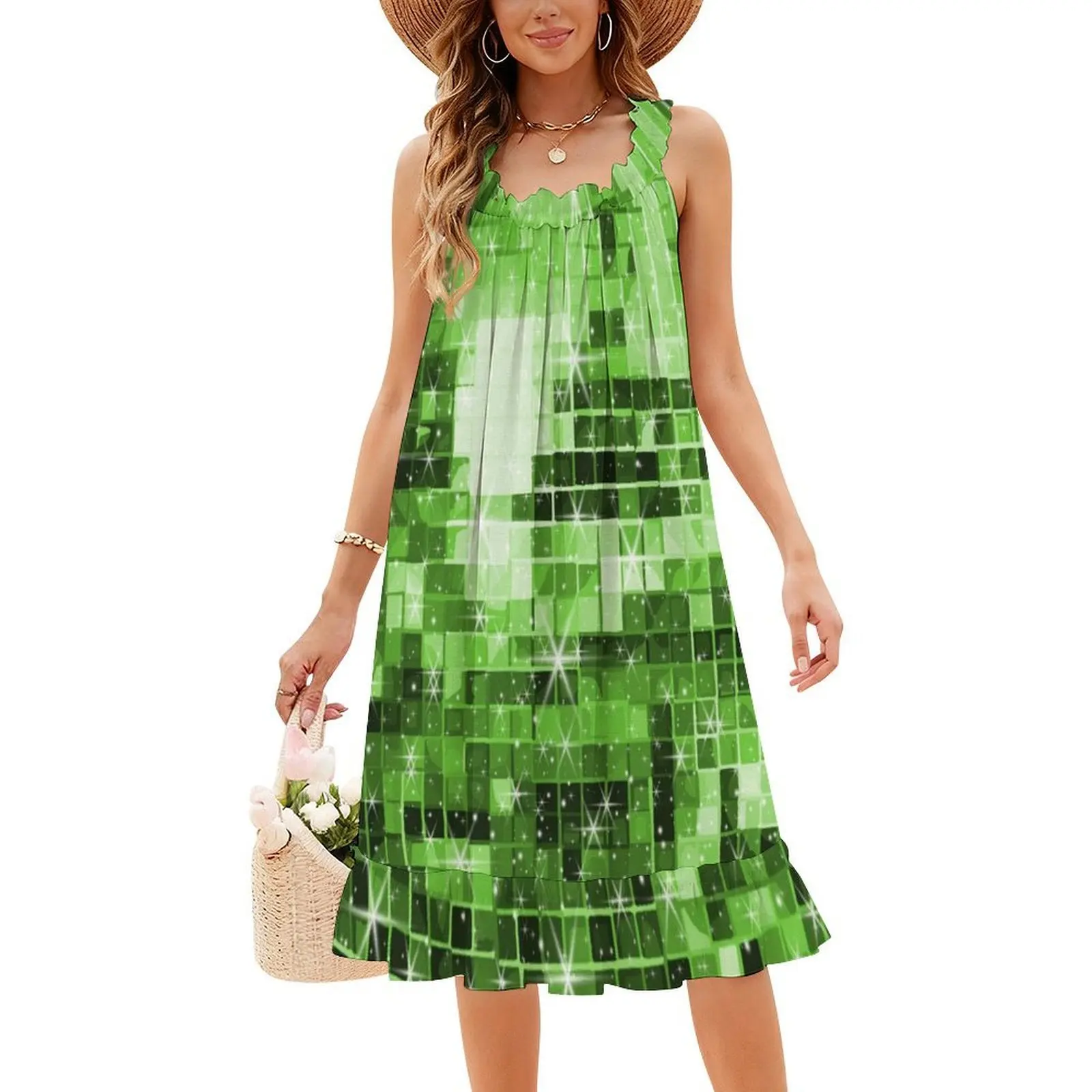 فستان على الطراز الكوري بنمط كرة ديسكو باللون الأخضر المتميض للنساء فستان كاجوال أنيق للحفلات أو الارتداء اليومي كرة ديسكو ديسكو #5