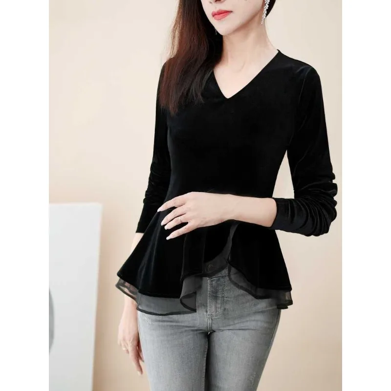 

Ruffles Top Women's Winter Clothes New Office Lady V-Neck Patchwork Lace Solid Color Long Sleeve Midi T-Shirt TT570