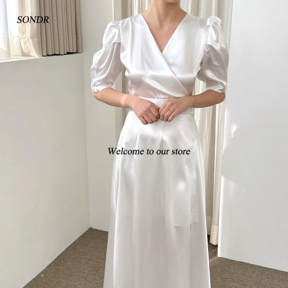 SONDR V-Neck Half Sleeves A-Line Bride Dresses Custom Made Ankle Length Satin Wedding Dress Robe De Mariée Evening Gown Bridal