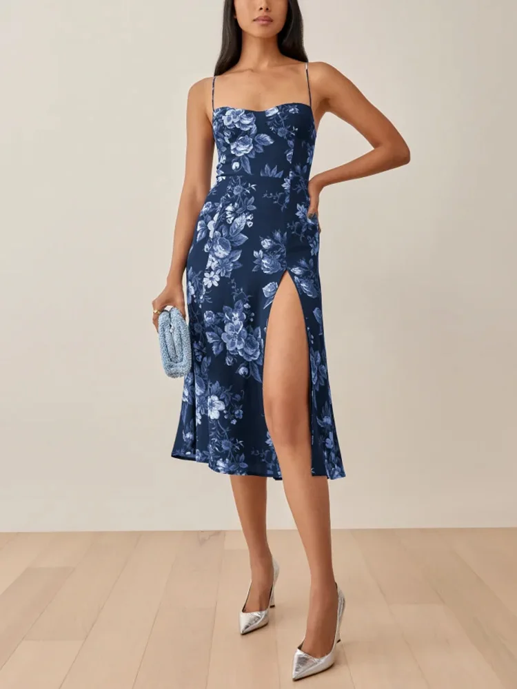 

Dresses For Women 2022 Summer Sundress Vintage Floral Print Dress Spaghetti Strap Tie Elegant Party Midi Dress With Front Slit