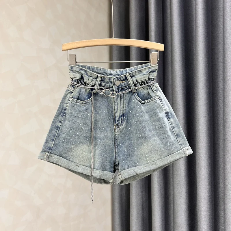 Fashion High Waist Rhinestone Denim Shorts 2024 Summer Women Wide Leg Curled Hot Pants Female Casual Jean Shorts