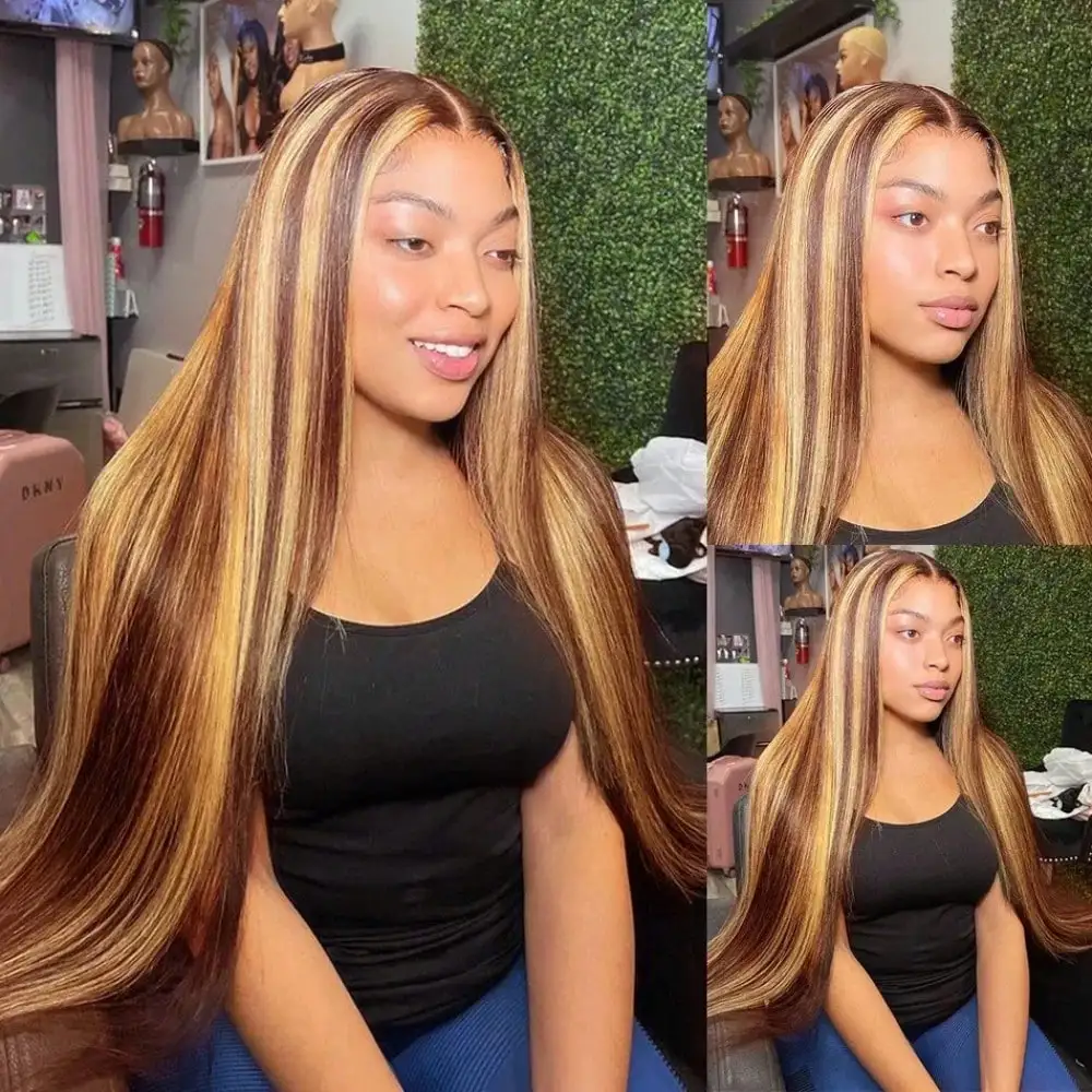 20 24 Inch Highlight Straight Wigs Human Hair Blonde 13x4 HD Lace Closure P4/27 Lace Front Frontal Wigs Human Hair Wear And Go Wig For Women Blonde Brown Ombre Colored