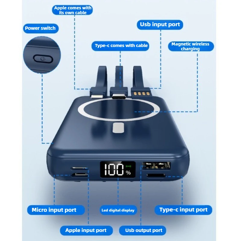 بنك طاقة لاسلكي مغناطيسي 10000 مللي أمبير في الساعة، كابل مدمج، بنك طاقة متنقل رفيع للغاية، بنك طاقة صغير محمول