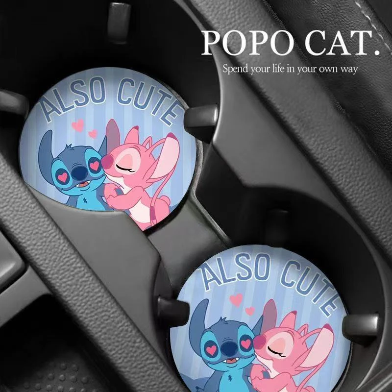 2PCS Disney Stitch Car Cup Mat Cute Cartoon Vehicle Interior Decor Soft Touch Mat Non-Slip Fashion Auto Accessories Holiday Gift