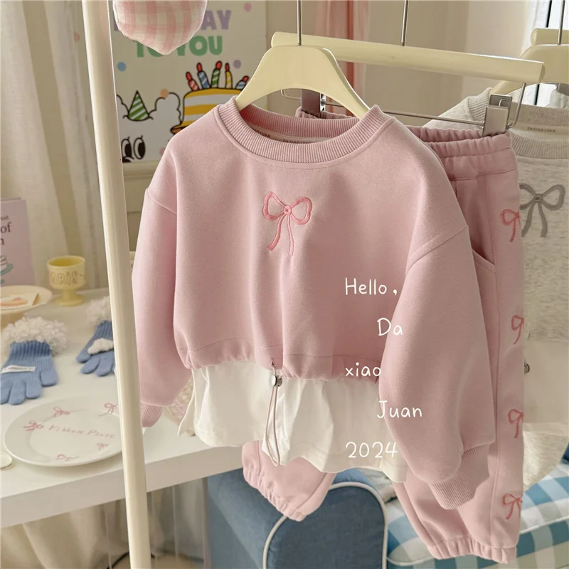 Girls Sweet Sets Children Fashion Long Sleeve Suits Spring Autumn Fashionable Motion Bow Pullover+Pants 2Pcs Outfits