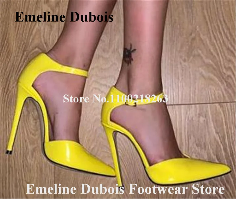 V-cut Patent Leather Pumps Emeline Dubois Pointed Toe Yellow Red Stiletto Heel Shoes Sexy Ankle Straps High Heels Big Size 47