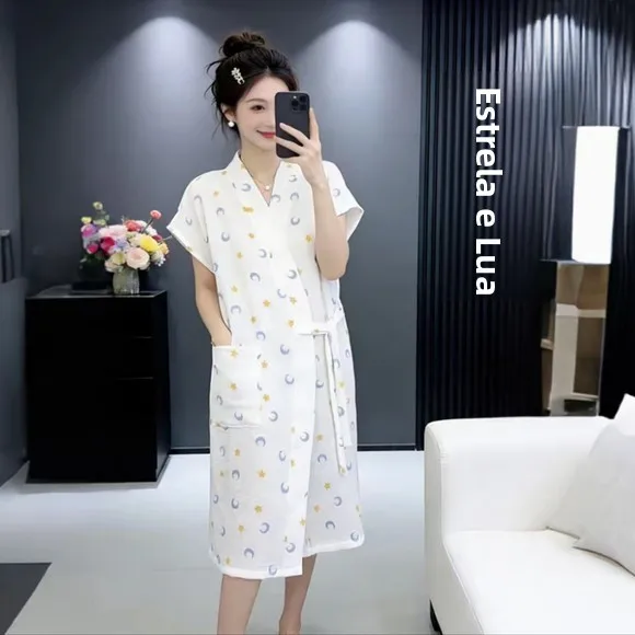 summer-thin-cotton-robe-women's-loose-fit-bathrobe-double-layer-sleepwear-breathable-home-wear-polyester-nylon-material