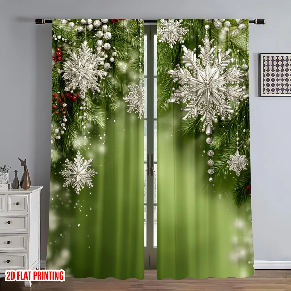 2PCS Christmas Curtains, Green Silver Snowflake Pine Berry, Digital Print, Bedroom Living Room, Rod Pocket Polyester, Home Decor