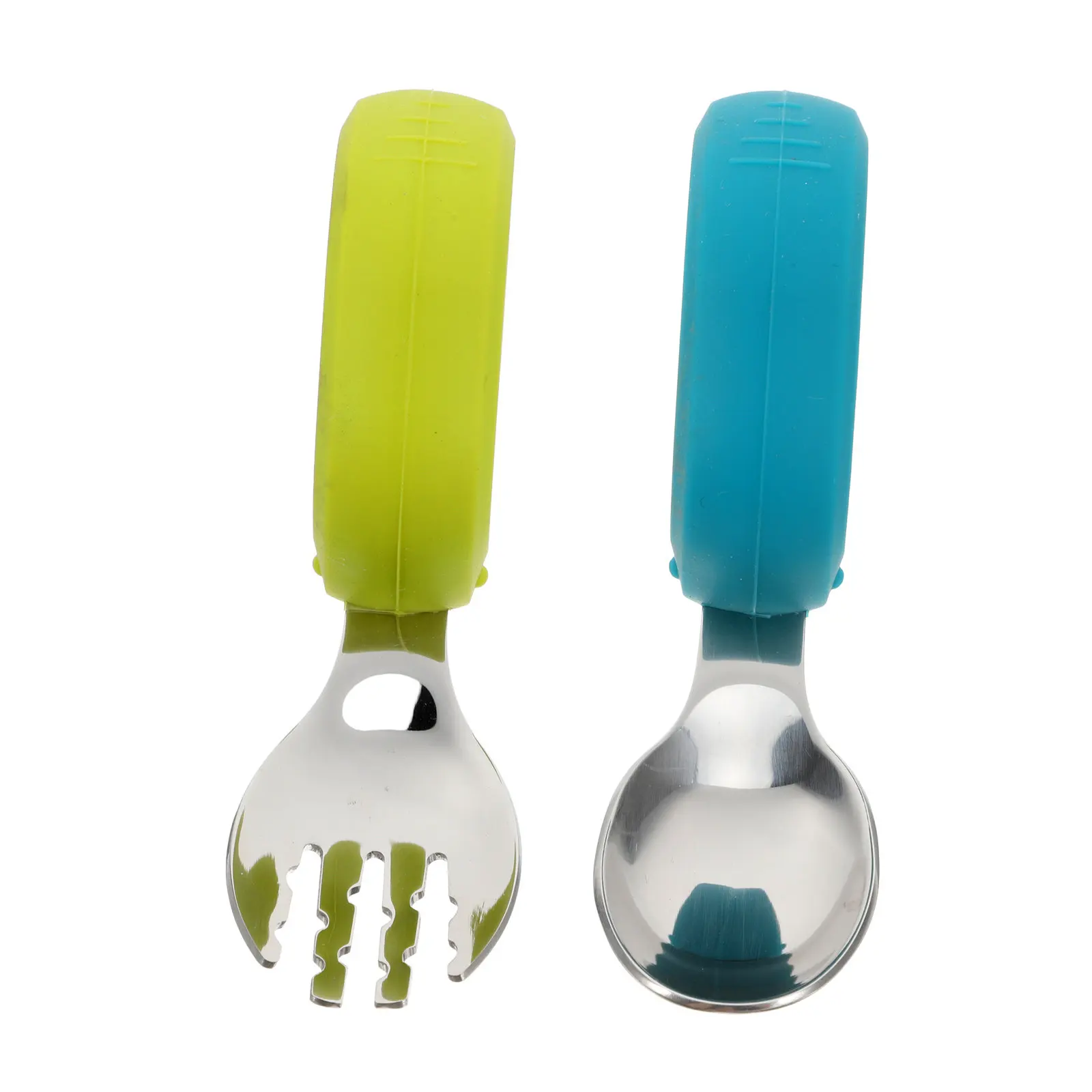 

2Pcs Stainless Steel Silicone Short Handle Baby Self Feeding Spoon Fork Set Toddler Training Utensils Kids Silverware Tableware