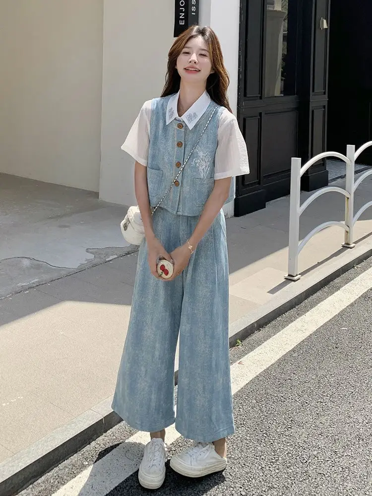 

Blue Forest Style Tie-Dye Suit For Women 2025 Summer New Fashion Vest Shirt Short-Sleeved Wide-Leg Pants Three-Piece Set