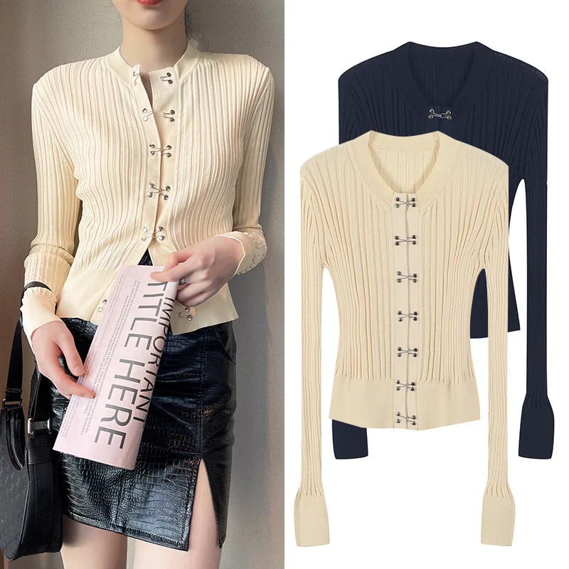 

Осень 202, женский облегающий вязаный кардиган, ультратонкая верхняя одежда, однотонная одежда для поездок на работу, ледяной шелк, яркие зубчатые детали