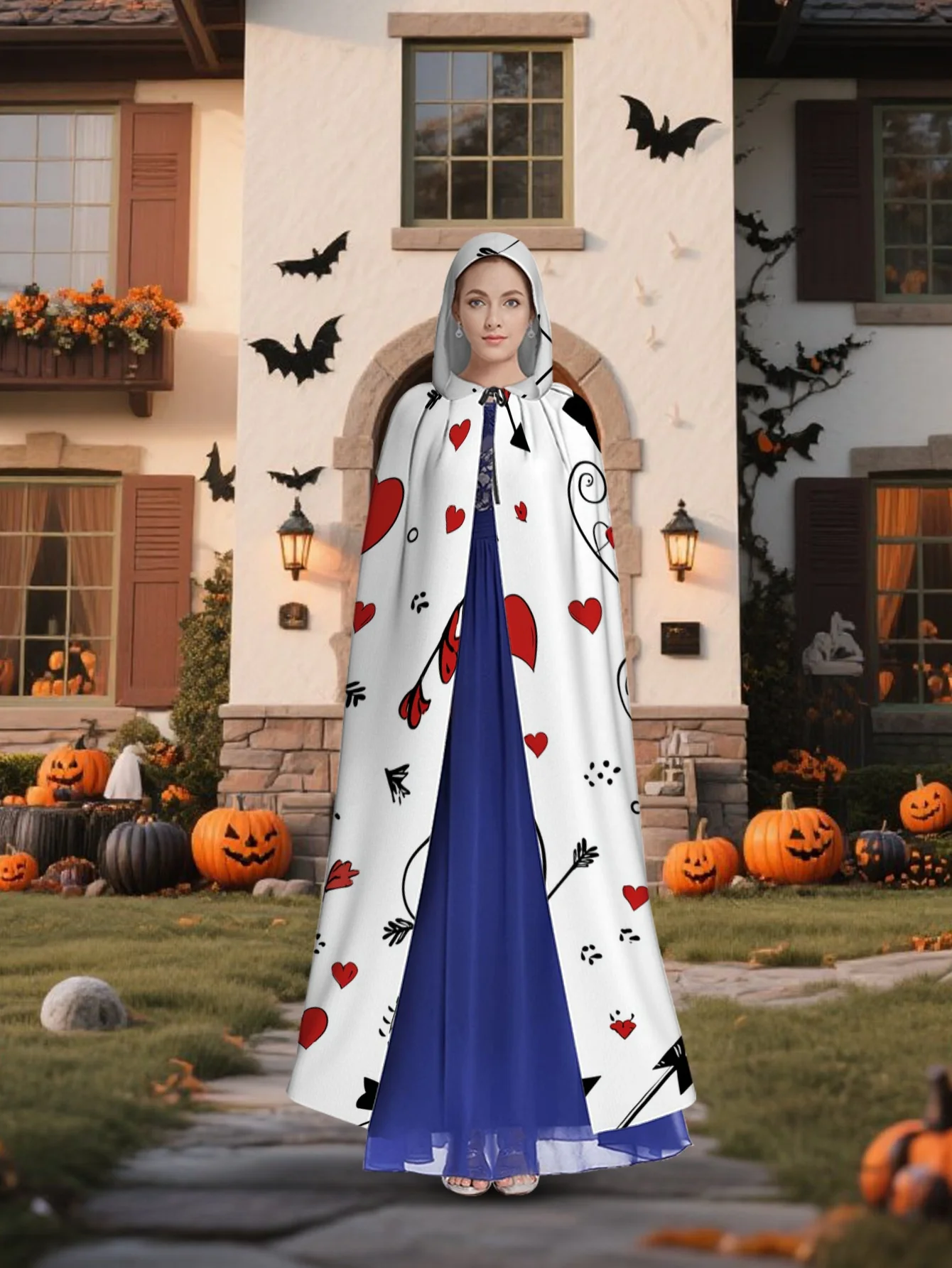 Customization 1pc Of 2D Printed Street Style Hooded Cape Featuring A Cupid Bow And Heart Arrow Design, Made From 100%, Suitable
