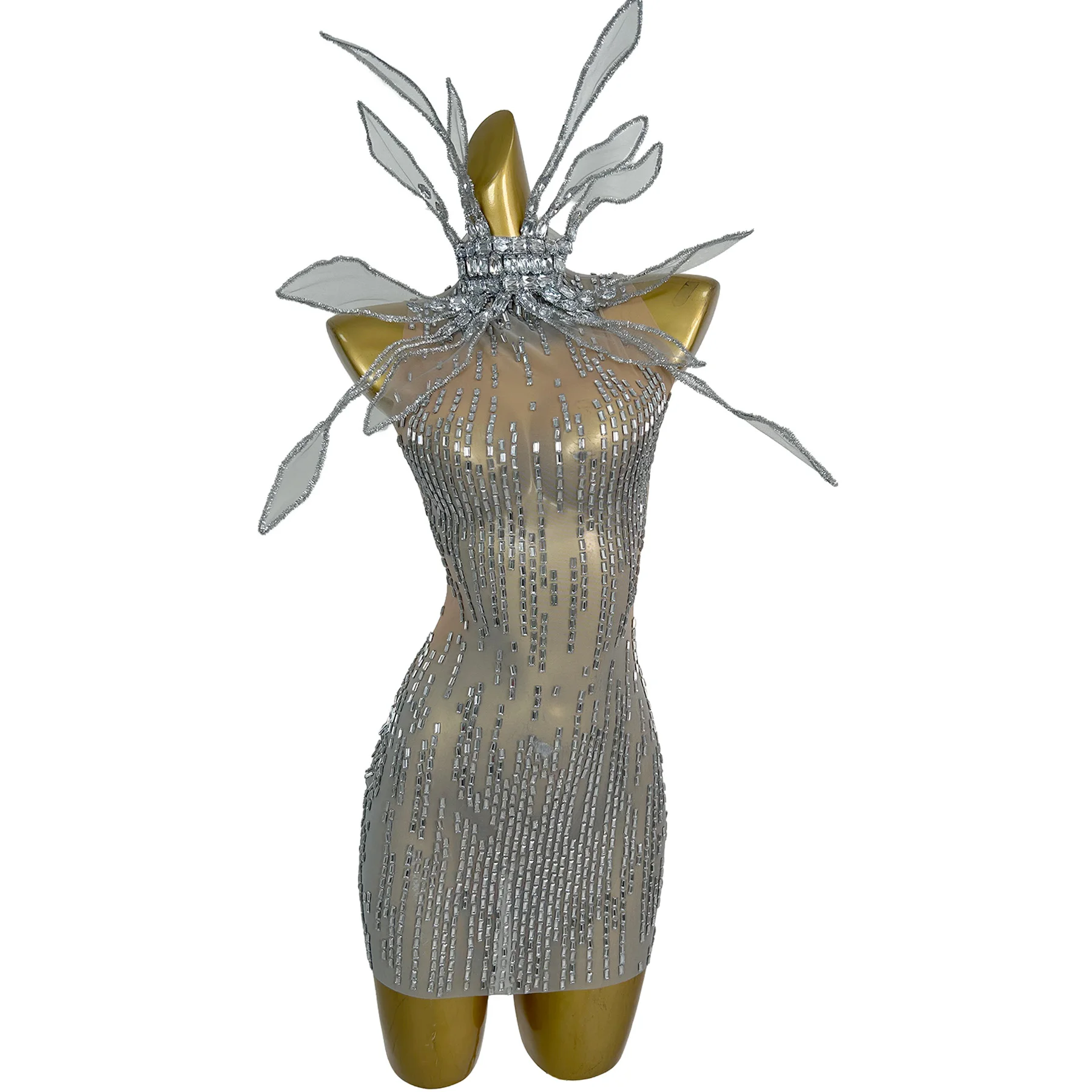 

Mengya Nude Mesh Base Dress with Linear Silver Rhinestone Pattern and Dramatic High Neck for Evening Parties and Cabaret Events