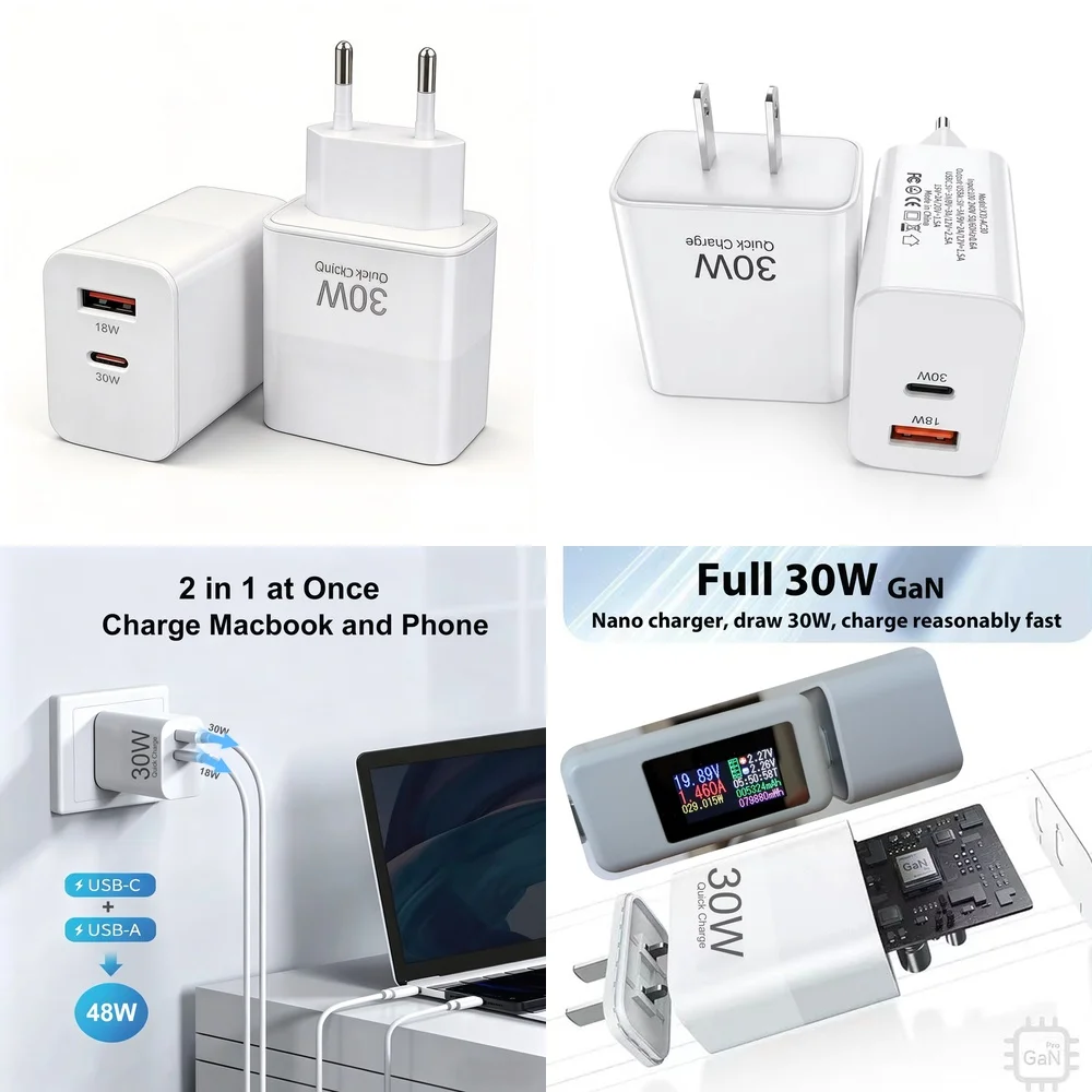 30W USB C Power Adapter Stable US EU Plug Dual Port Wall Charger for iPhone 17 16 15 Pro Max Samsung S26 S25 S24 Plus iPad Air