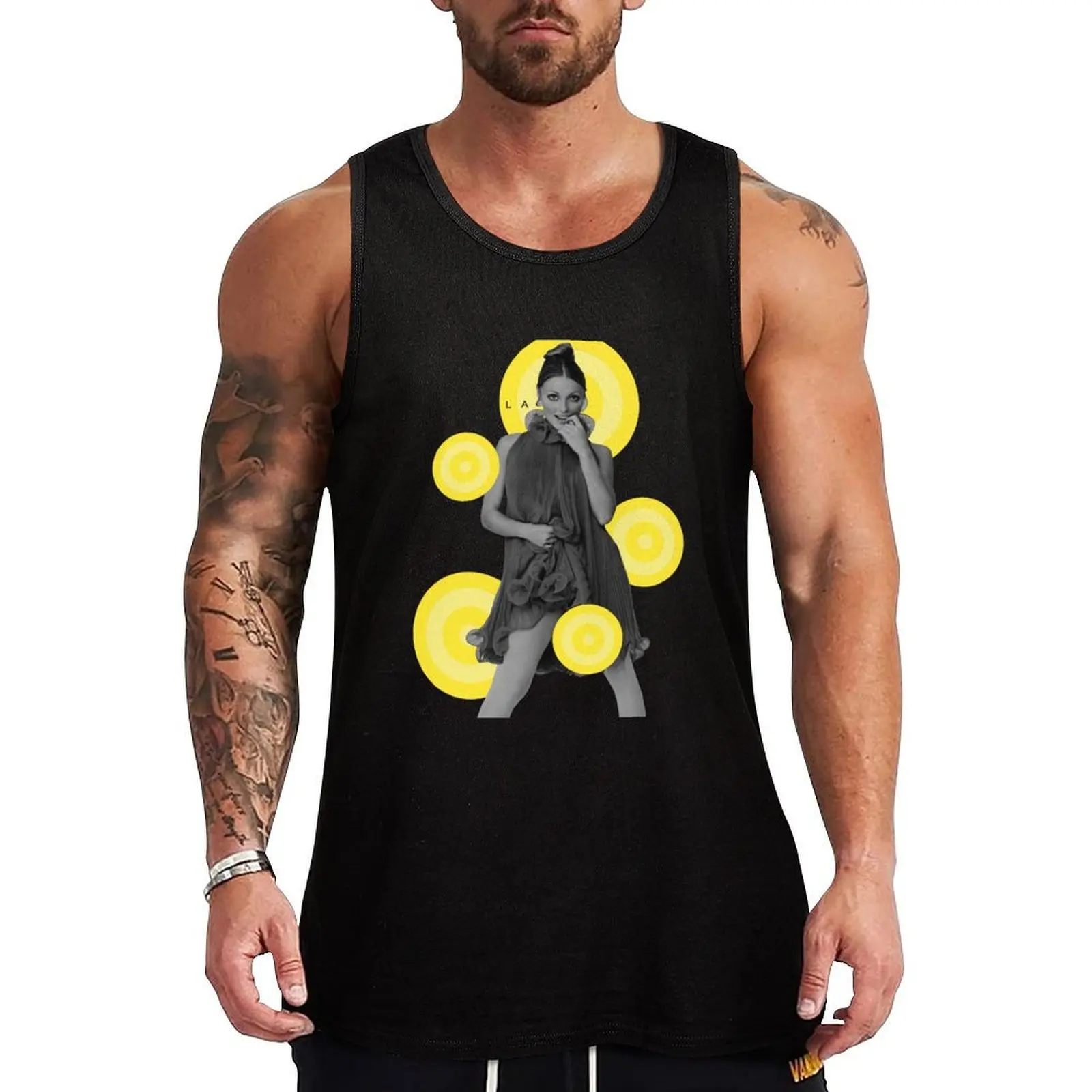 Sharon Tate Tease Yellow Dots Tank Top Camiseta casual de praia com ajuste solto sem mangas para o verão