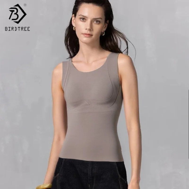 Birdtree,Woman's Cashmere Silk Blended Tank Top,with Built In Bra Vest, Solid Seamless Slim Fit Shirt Feminino Tank TopsT5O843JF