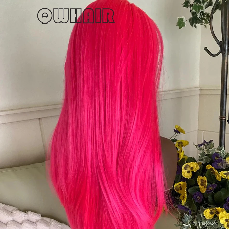 QW Synthetic Hair Hot Pink  Straight Soft 13X4 Lace Front Wig For Women Hair Heat Resistant Fiber Cosplay  Daily