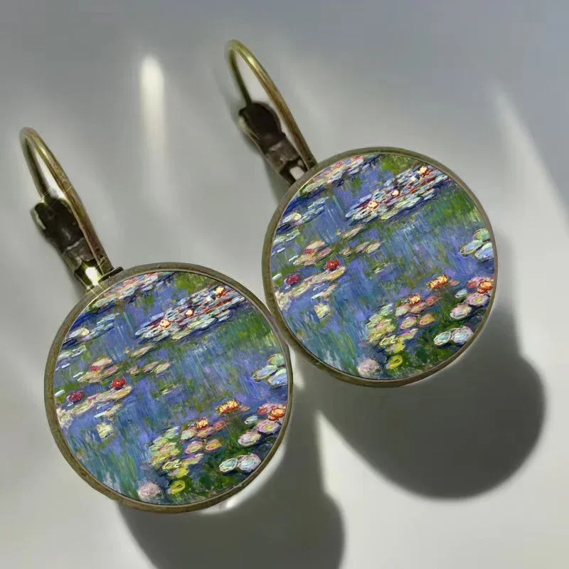 Monet Painting Earrings Monet Water Lily  Blue Oil Painting Art glass earrings Fashion Retro Women\'s Jewelry Earrings