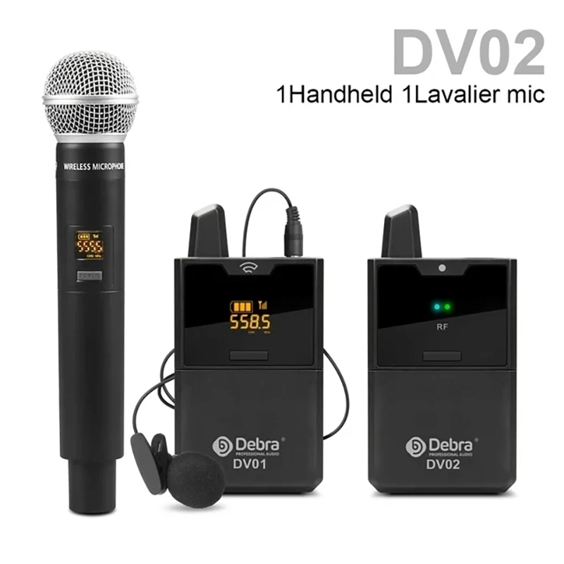 Debra DV UHF Wireless Lavalier/Handheld Microphone with Audio Monitor 50M Range For Phones DSLR Cameras Live Recording Interview