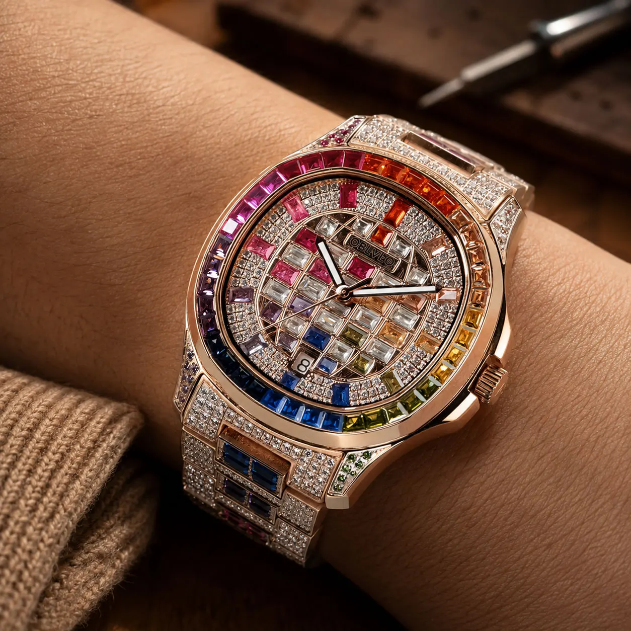 OBLVLO FM-DSL-AD Men's Luxury Mechanical Watch Hand-Set Rainbow Crystal Bezel Miyota Movement Rose Gold Iced Steel Wristwatch