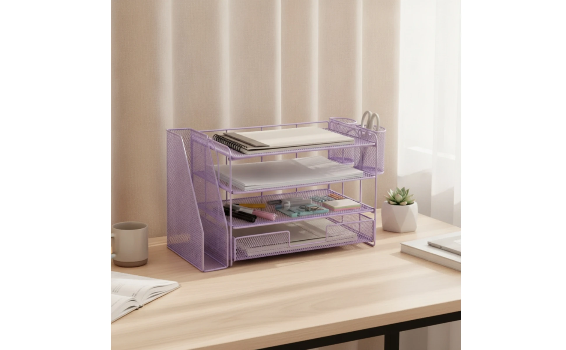 Mesh Desk Organizer with File Slot 4-Tier Desktop Organizer Rack Paper Letter Holder Open Design for Professionals, Office