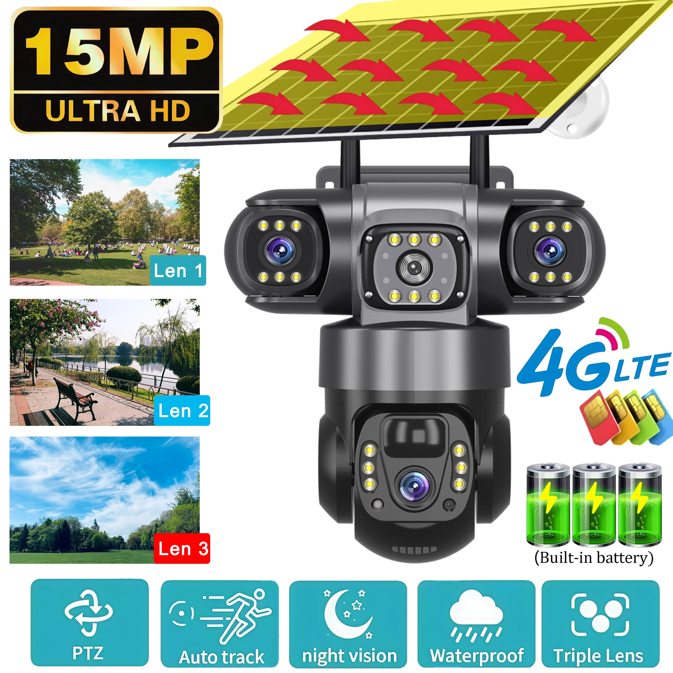 Telecamera V380 alimentata a energia solare, con scheda SIM 4G, 15 MP, per esterni, dotata di 3 obiettivi, 3 schermi, connessione di rete IP, visione notturna, sistema di videosorveglianza,