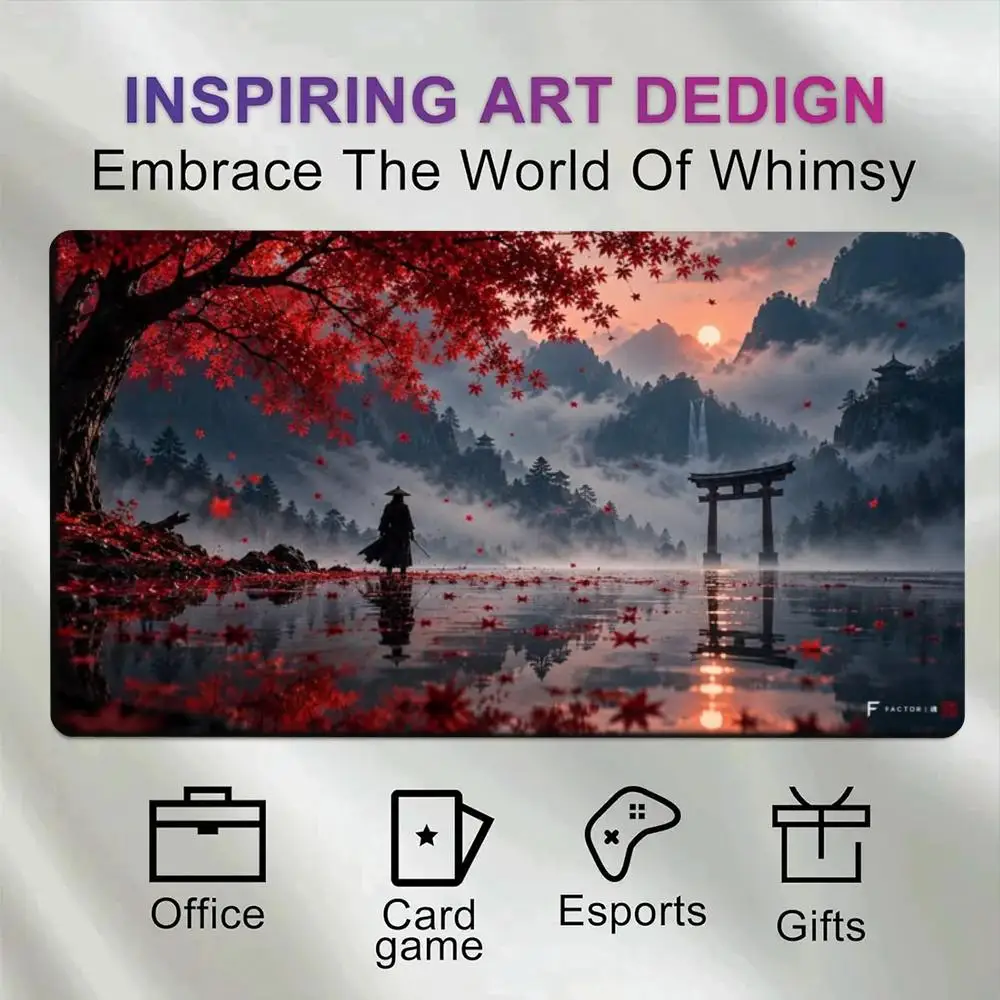 Japanese Misty Mountain Sunset Samurai Desk Mat, Red Maple Tree Torii Gate Large Mousepad, Gaming & Card Game Playmat