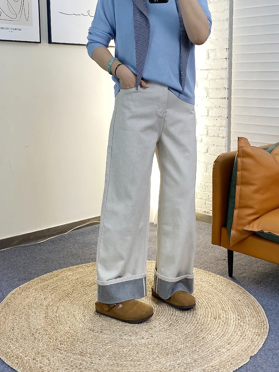 

Свободные прямые джинсы, женские весенние джинсы с эластичной резинкой на талии, повседневные широкие брюки, длинные брюки с высокой талией, эффект похудения