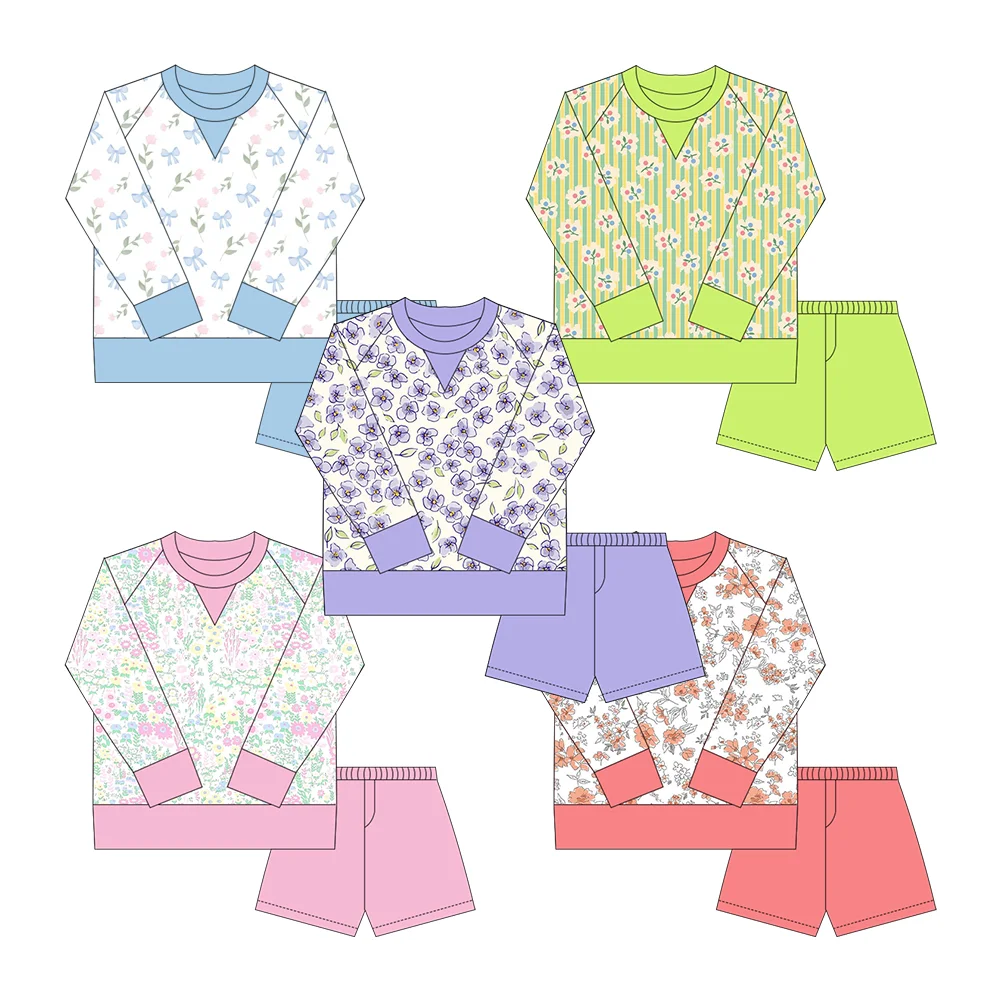 Fashion Boutique Floral Print Toddler Girls Clothes Long Sleeve Shorts Girls Set Sister Clothes