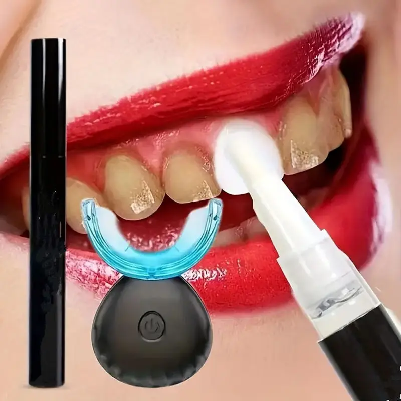 Juego de blanqueamiento dental, juego de blanqueamiento dental para el hogar, con acelerador de luz LED, con 16 cuentas de luz LED, bolígrafo de gel blanqueador de 4 dientes se