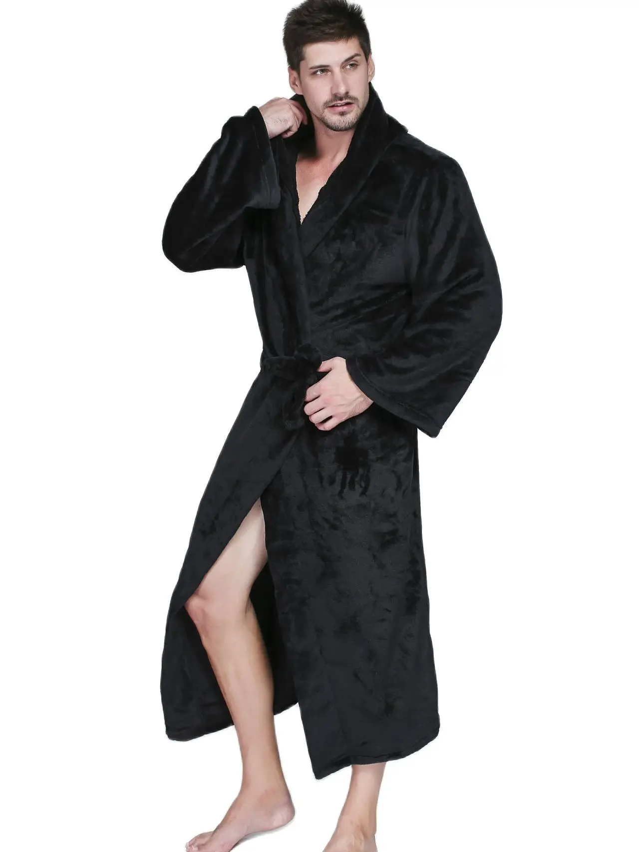 Albornoz largo de franela con capucha para hombre, albornoz cálido de talla grande, Kimono de baño, ropa de dormir acogedora, bata de noche,