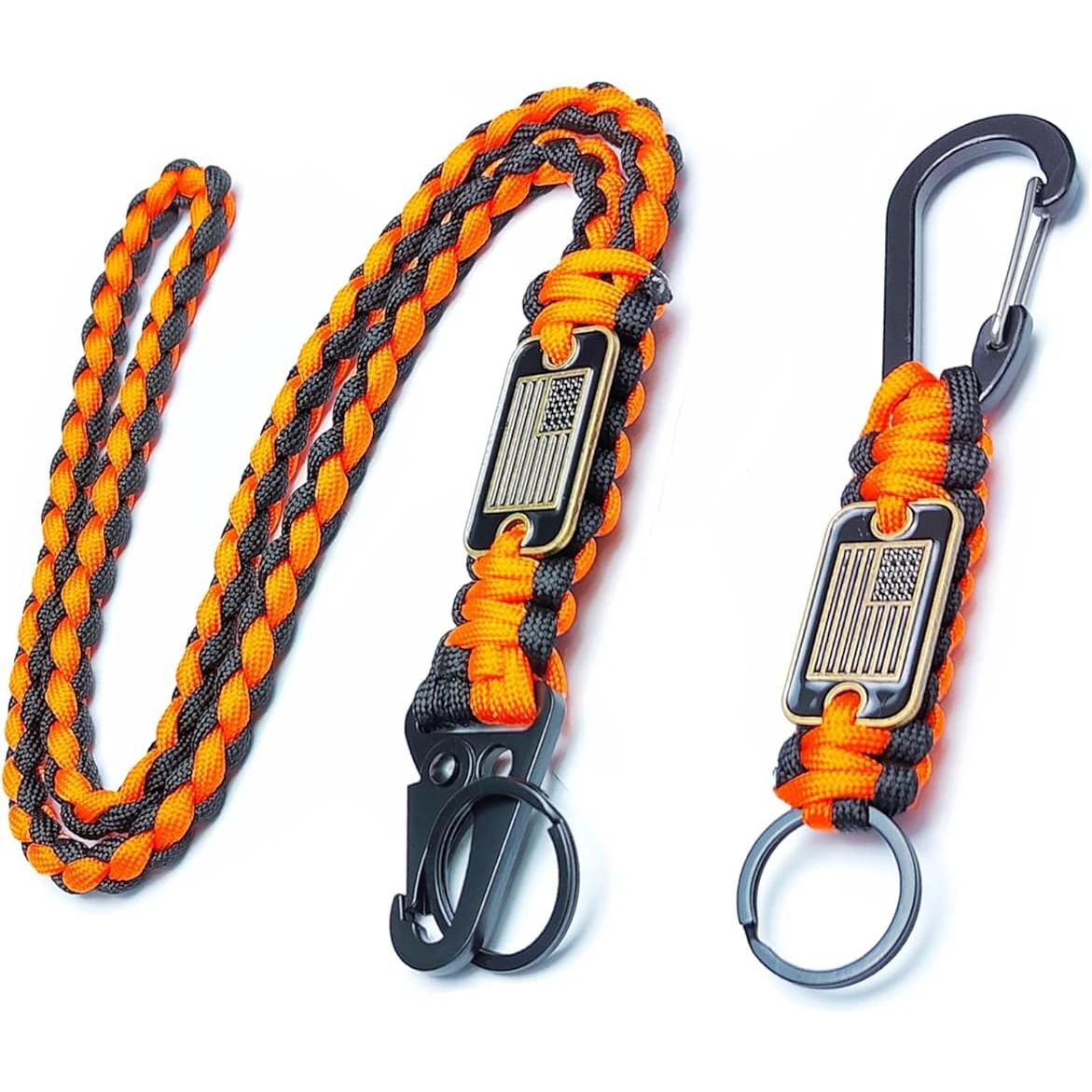 2Pcs Heavy Duty Paracord Lanyard Keychain Parachute Rope Braided Necklace with USA Flag for Outdoor Camping Hiking Keys Whistle