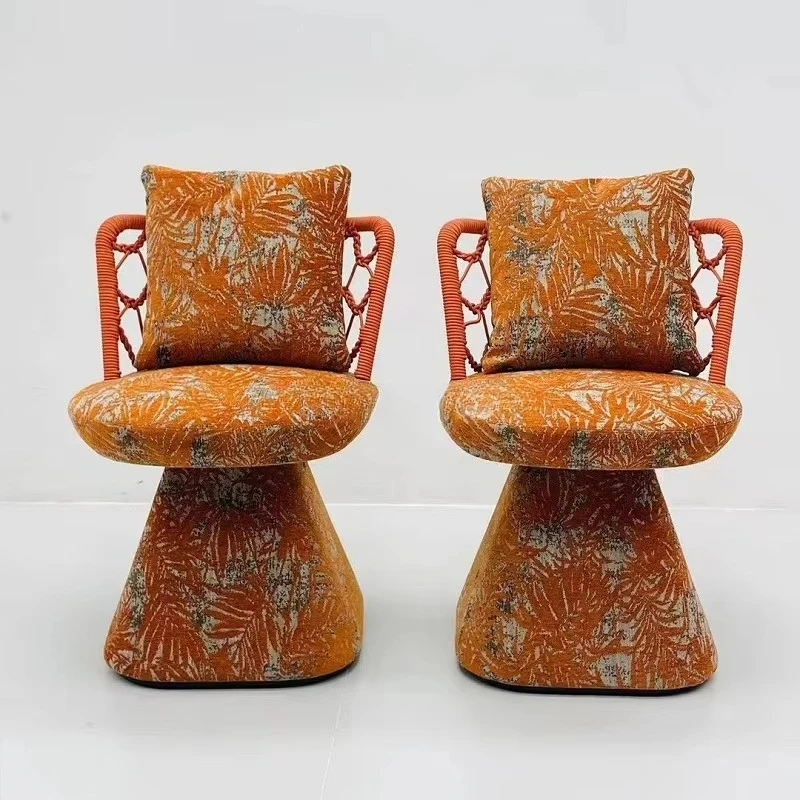 ^Italian-Printed Fabric Dining Chair for Dining Room Balcony Study Makeup Area Modern Design with Braided Rope Back Rotates
